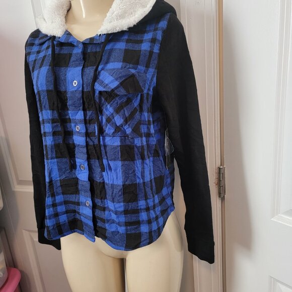 NOBO NO Boundaries Blue/Black Flannel Button Down Hoodie w Fleece Lining - Picture 3 of 9